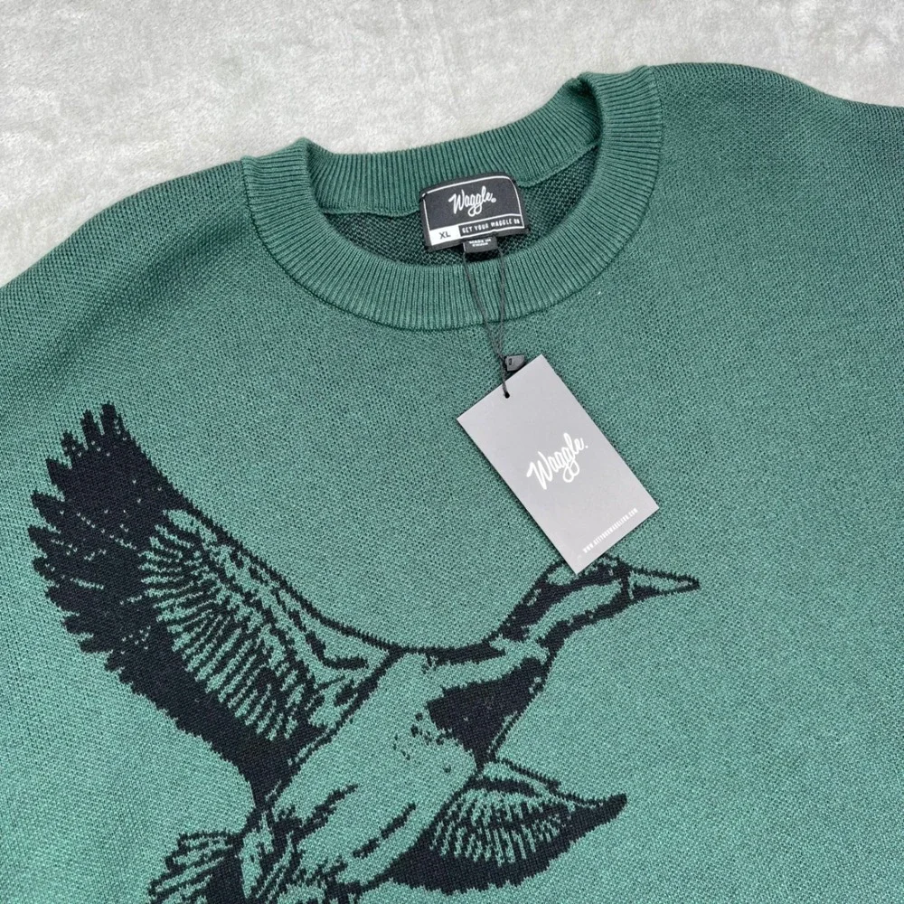 Waggle Migration Wildknit Sweater Mens 2XL Green Black Duck Graphic Crewneck‎